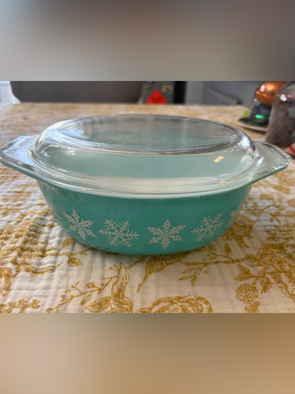 Pyrex Turquoise Snowflake Covered Casserole Dish